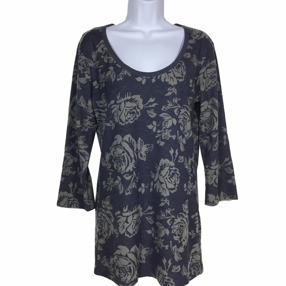 Erge Design Floral Rose Print Blue Gray Top